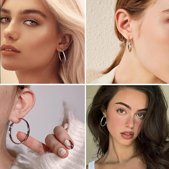 4 Pairs Silver Gold Hoop Earrings for Women | 14K Gold Plated Hoop Earrings Set Hypoallergenic Earring Lightweight Dangle Earrings Set