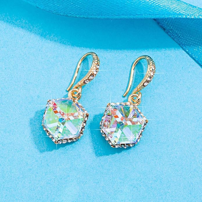 Austrian Crystal Cube Drop Dangle Earrings for Women 14K Gold Plated Hypoallergenic Jewelry