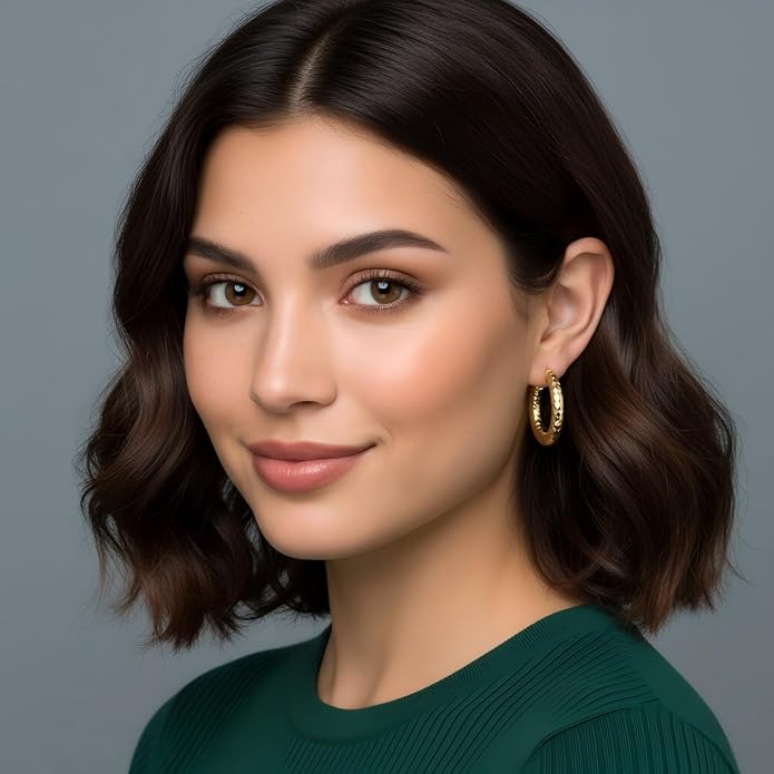 Gold Plated Hoop Earrings for Women 14K Gold Plated Earrings for Women Hypoallergenic Lightweight Wrinkle Texture Earrings Womens 20mm/25mm/30mm