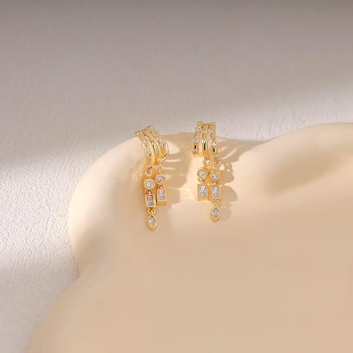 Dangle Earrings For Women,Dainty 14K Gold Plated Hypoallergenic Small Triple Huggie Hoop Earring Gothic Cute Cross Moon Star Drop Earrings For Women Trendy Gold Statement Stud Earring Jewelry