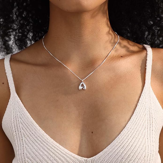 Bubble Gold Silver Letter Necklace Initial Necklaces for Women Trendy 14K Dainty Charm Pendant Name Necklace Personalized Jewelry Gift for Women Teen
