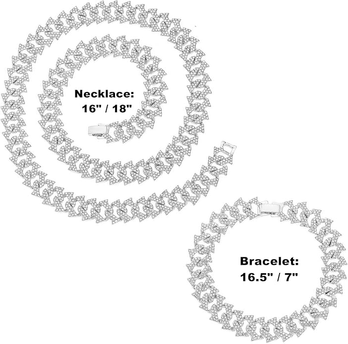 HH BLING EMPIRE 14k Gold/Silver Cuban Link Chain for Women Iced Out Diamond Chunky Cuban Link Necklace Chain Bracelet 2pcs Sets