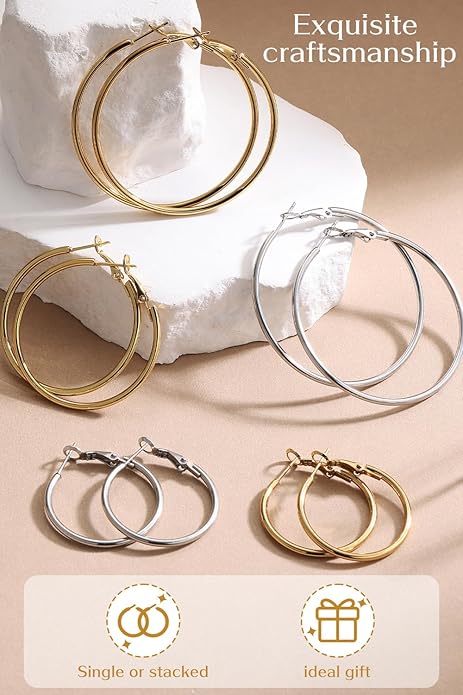 4/6 Pairs Gold Silver Hoop Earrings for Women 14K Gold Plated Hypoallergenic 2mm Thin Hoops Stainless Steel Lightweight Dangle Set 30/40/50/60mm