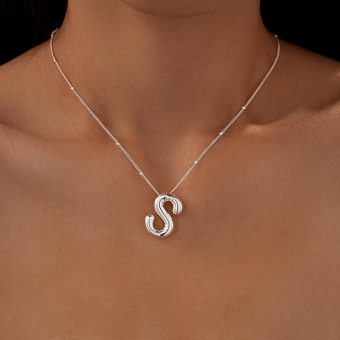 Inerney Valentines Day Gifts Gold Bubble Letter Necklace Initial Necklaces for Women, Chunky 14K Plated Balloon Initials, Trendy Charm Non Tarnish Custom Name Pendant Jewelry Gifts for Mom