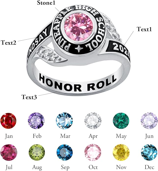 Custom Class Ring 925 Sterling Silver Birthstone Customized Personalized High School College University Women's Class Ring Graduation Gifts