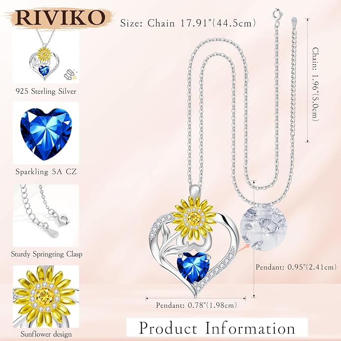 RIVIKO Valentine's Day Gifts for Her-Sunflower Birthstone Necklace for Women,925 Sterling Silver Heart Pendant,Anniversary Birthday Gifts for Women,Birthstone Jewelry for Wife Mother