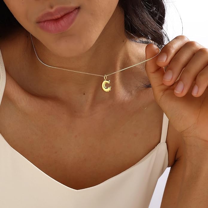 Bubble Gold Silver Letter Necklace Initial Necklaces for Women Trendy 14K Dainty Charm Pendant Name Necklace Personalized Jewelry Gift for Women Teen