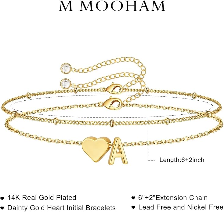 M MOOHAM Valentines Day Gifts for Kids Teen Girls -14K-Gold-Plated Heart Initial A-Z Bracelets for Women Girl Dainty Gold Bracelets Birthday Valentines Gifts for Women Her Teenage Girls Kid Teen Gift