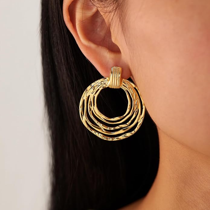 Vintage Gold Statement Stud Earrings, Stainless Steel Chunky Drop Dangle Thick Earrings, Geometric Design with Pearl Accents, Textured Sun Round Heart Pattern for Women