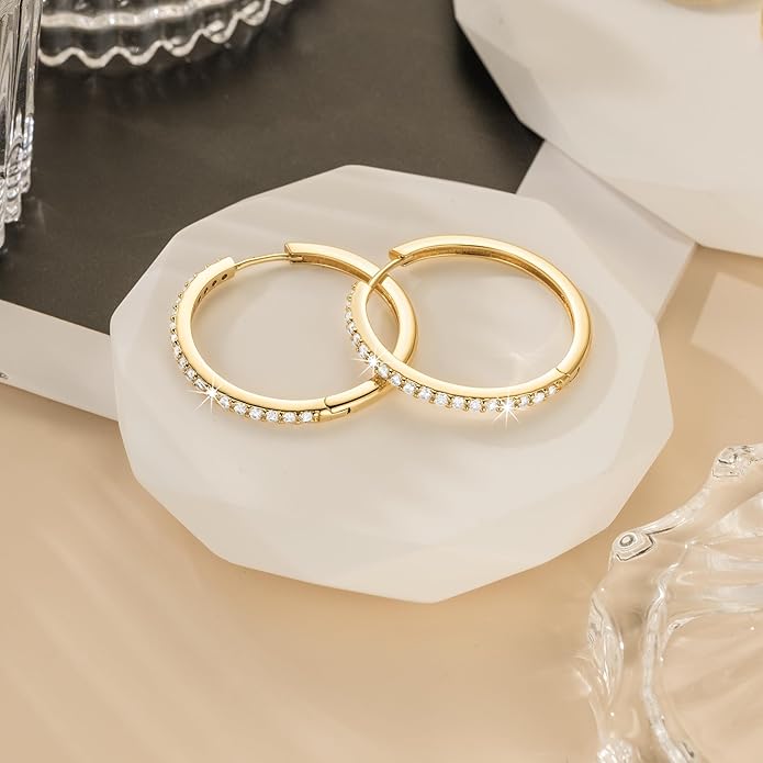 NEARLAND 14K Gold Hoop Earrings for Women 14K Gold Earrings Hypoallergenic Lightweight Small Hoop Earring for Womens with Round Cubic Zirconia Huggie Hoops Earring for Women 12/14/16/20/25/30mm