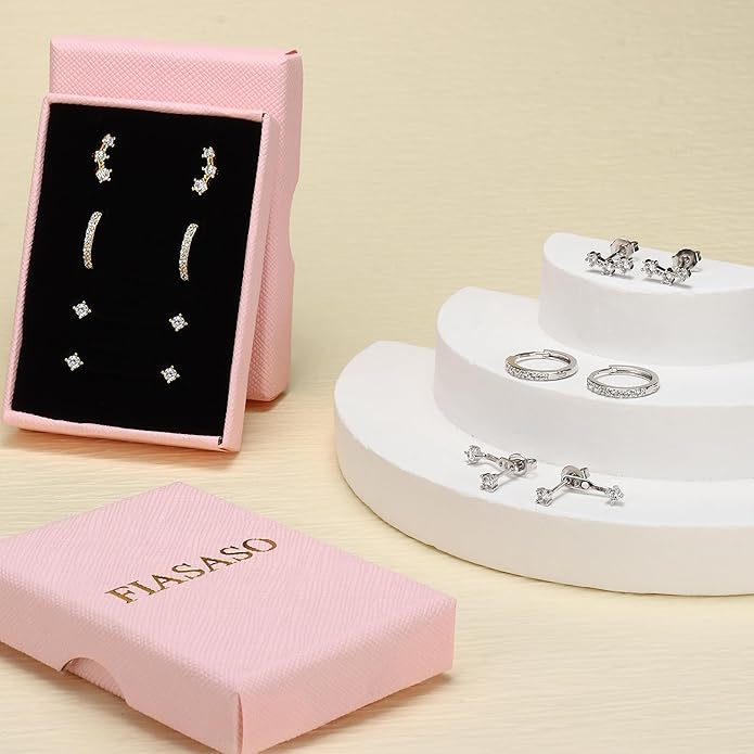 FIASASO 3 Pairs 925 Sterling Silver Hypoallergenic Earrings for Women Trendy - 14K Gold Plated Stud Hoop Cartilage Earrings Set Small Earring Stacks for Sensitive Ears Non Tarnish Dainty Silver Earring