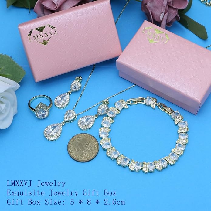LMXXVJ Teardrop Jewelry Set for Women,Necklace Earrings Adjustable Ring Bracelet Set Fashion Formal Platinum/Gold/Rose Gold Jewelry Gift Girl/Mom/Wife/Grandmother/Best Friend/Aunt