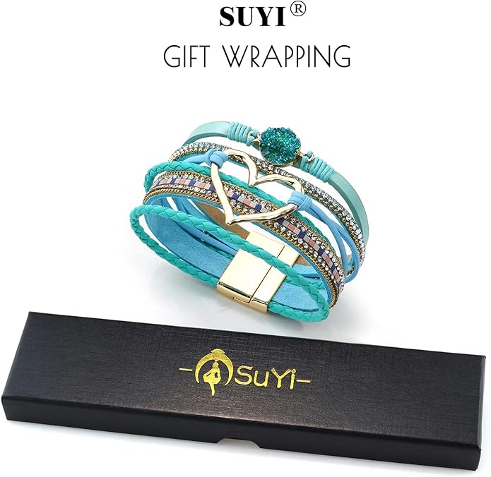 Suyi Multilayer Leather Wrap Bracelet Heart-Shape Wide Cuff Bracelets for Women