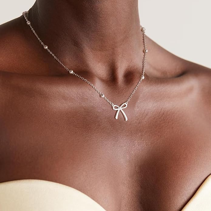 Valentines Day Gifts for Her - Dainty Bow Necklace for Women 14K Gold Plated Cute Choker Small Pendant Charm Necklaces Teen Gift Trendy Stuff Personalized Jewelry