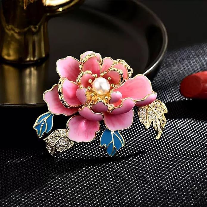 3Pcs Peony Flower Brooch Pin for Women Elegant Enamel Floral Brooch Set Dainty Cubic Zircon Pearl Lapel Pins Flower Pins for Clothes Hat Dress Accessories Prom Jewelry