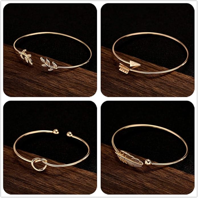 Starain 4Pcs Rose Gold Bracelets for Women Simple Leaf Arrow Feather Knot Heart Bangle Bracelet Adjustable Cuff Bracelet Set
