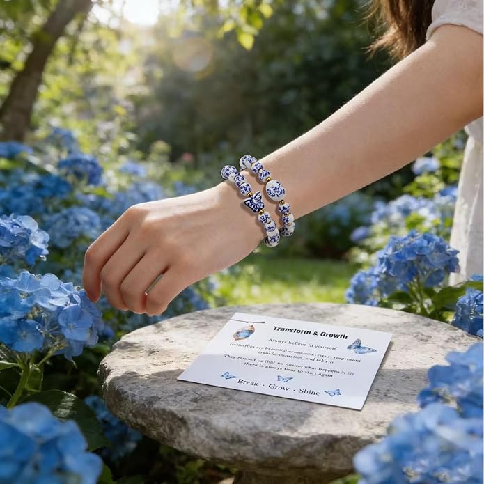 Butterfly Charm Bracelet Set - Blue and White Porcelain Beaded, Adjustable Vintage Stretch Bracelets for Women, Handmade Dainty Jewelry Gift