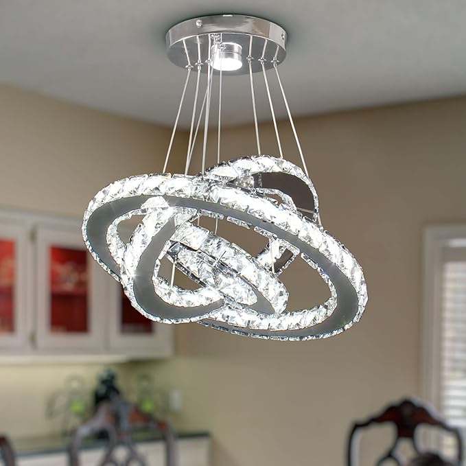 Dixun Dimmable LED Chandeliers Modern Ceiling Light Fixture 3 Rings Adjustable Stainless Steel Pendant Light Chandelier for Bedrooms Living Room
