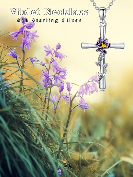 Flower Necklace Sunflower/Violet/Daffodil Necklace Sterling Silver Flower Cross Pendant Jewelry Gifts for Women