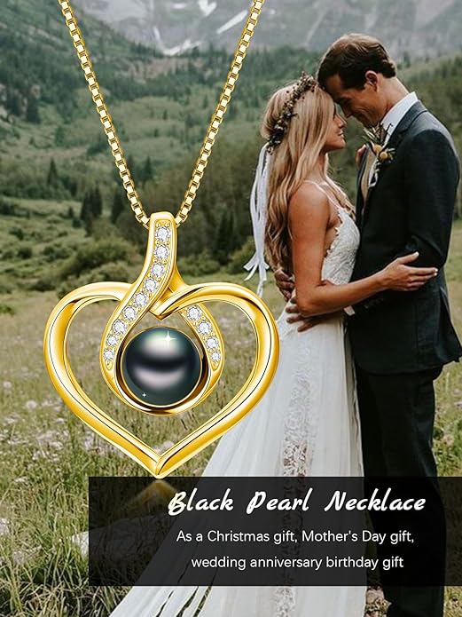 Tahitian Black Pearl AAAA 18K White Gold Plated Sterling Silver Heart Pendant Necklace for Women Wife Mom Girlfriend Valentine Her Jewelry Gift for Anniversary Birthday Christmas