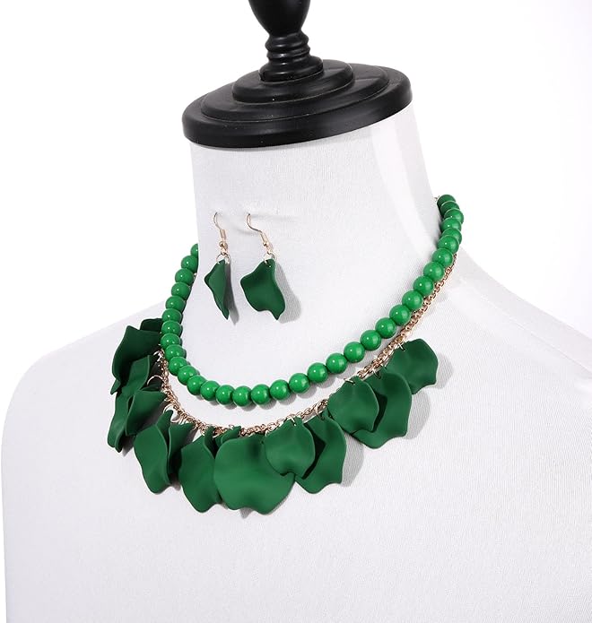Flower Petal Necklace Earrings Set Layered Statement Beaded Jewelry Set for Women Summer Necklace Earrings