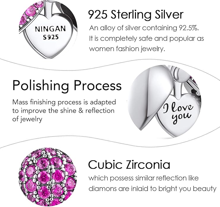 NINGAN “I Love You” Dangle Charm Love Heart Pendant Bead for Women Wife Girlfriend with 5A Cubic Zirconia for Charm Bracelets 925 Sterling Silver