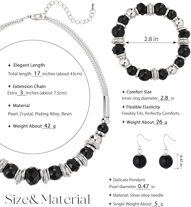 PEARL&CLUB Silver Beaded Statement Necklaces for Women Chunky Bead Necklace Bracelet and Earring Costume Jewelry Sets Gifts for Mom