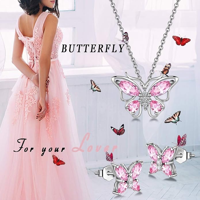 925 Sterling Silver Birthstone Butterfly Jewelry Women Crystal Animal Cute Butterflies Birthday Necklace/Earring/Ring/Bracelet Sets Birth Stone Statement Anniversary Jewellery