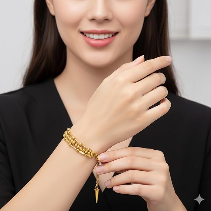 Adjustable Brass Bracelet for Women – Multi-Strand Bead and Bar Chain Design with Sliding Clasp, Minimalist Fashion Jewelry for Everyday Wear and Gifting