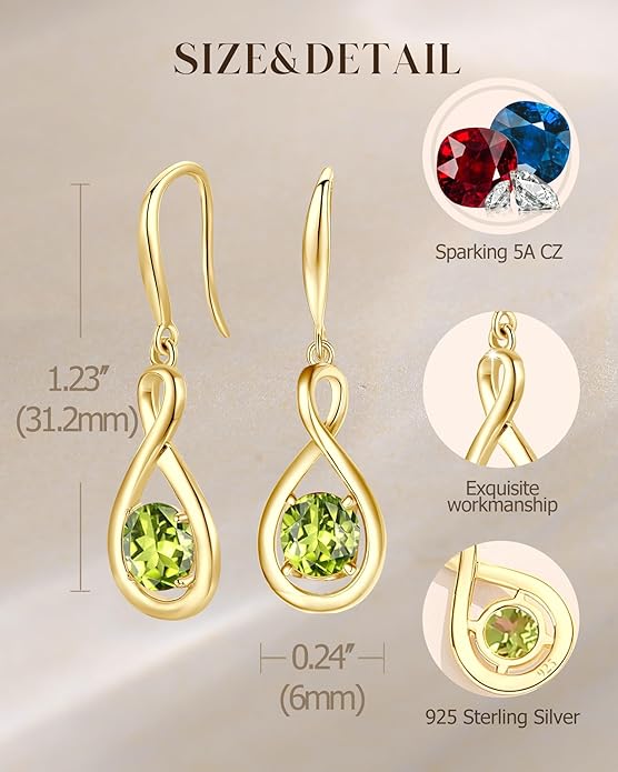 FANCIME Valentines Day Gift Dangle Drop Earrings 925 Sterling Silver Dainty Infinity Round Gemstone Birthstone Jewelry Birthday Gifts for Her Women