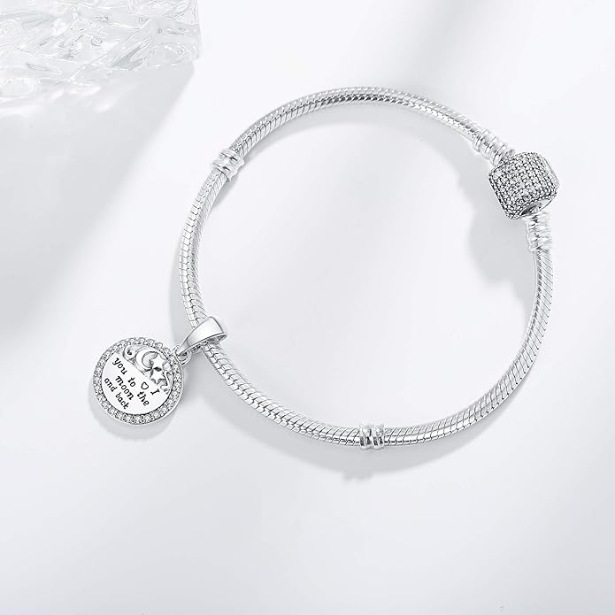 925 Sterling Silver Charms Fit Pandora Charms Bracelet I Love You to The Moon and Back Fit Wife Mom Christmas Birthday Gift