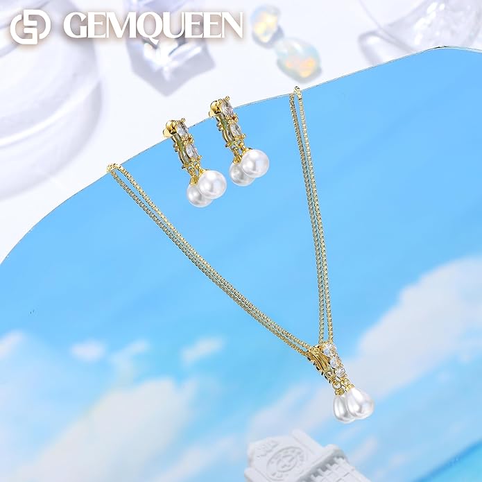 14K Gold Plated Pearl Jewelry Set for Women - 925 Sterling Silver Post Dangle Earrings Dainty Pearl Necklace Bracelet Wedding Jewelry Sets for Bride Bridesmaid CZ Costume Accessories Trendy