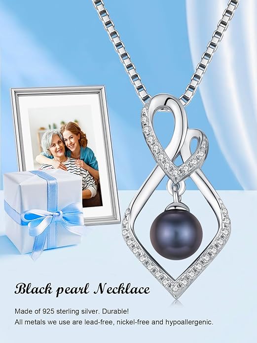 Tahitian Black Pearl 18K White Gold Plated Sterling Silver Heart/Infinity/Four Leaf Clover Pendant Necklace Jewelry Gifts for Women Wife Mom Girlfriend Wedding Birthday Anniversary Christmas