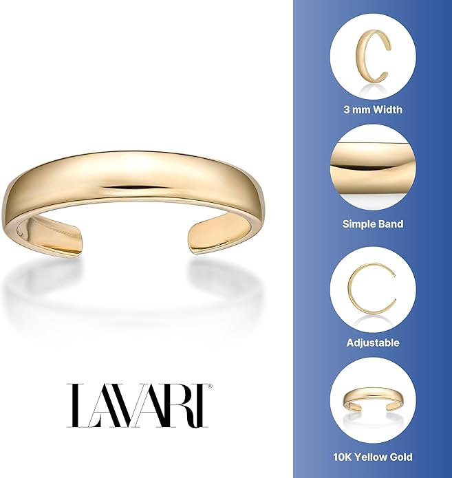 Lavari Jewelers Classic Open Band Toe Ring for Women I 10k White or Yellow Gold Toe Ring for Her I Adjustable Open Toe Band I One Size Fits Most Toes I 3 mm Wide Body Jewelry