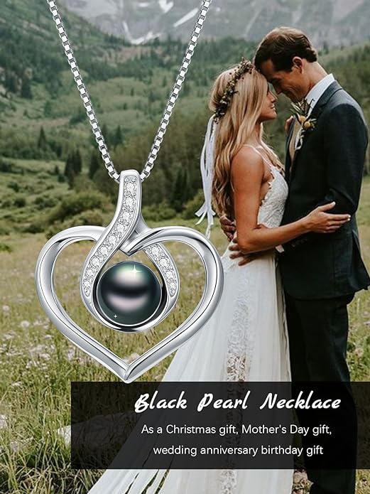 Tahitian Black Pearl AAAA 18K White Gold Plated Sterling Silver Heart Pendant Necklace for Women Wife Mom Girlfriend Valentine Her Jewelry Gift for Anniversary Birthday Christmas