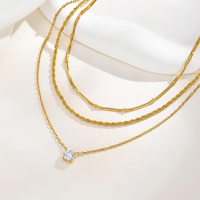 KSF Layered Gold Necklaces for Women - 18K Gold Plated 3PCS Dainty Simple Stackable Choker Necklace, Cubic Zirconia Pendant Necklace Trendy Jewelry Gift Set for Women