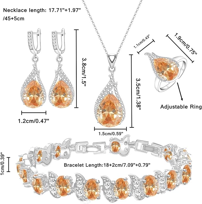 LMXXVJ Jewelry Set for Women,Teardrop Cubic Zirconia Necklace Earrings Adjustable Ring Bracelet Jewelry Set Formal Jewelry Gift