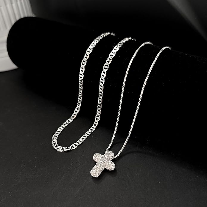 OGD Bubble Cross Necklace for Women 14k Gold Plated Cross Necklace Stackable Dainty Gold Necklace Mariner Chain Necklace CZ Cross Pendant Necklaces Set Simple Jewelry Gift