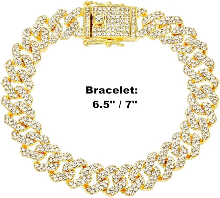 HH BLING EMPIRE 14k Gold/Silver Cuban Link Chain for Women Iced Out Diamond Chunky Cuban Link Necklace Chain Bracelet 2pcs Sets