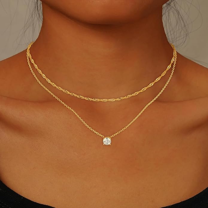 Dainty Gold Necklace for Women Non Tarnish Layered 14k Diamond Pendant Charm Gold Plated Necklaces CZ Trendy Zirconia Chain Choker Necklace Stack Gold Jewelry for Women Birthday Gift