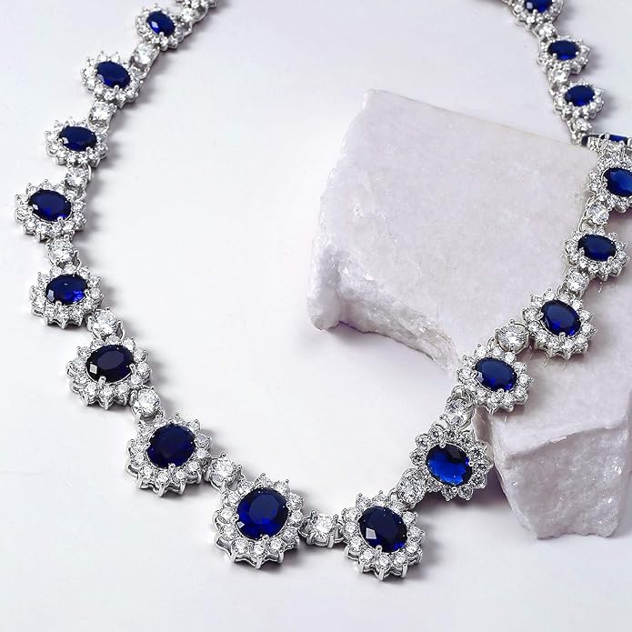 Elegant Vintage Estate-Inspired Bridal Jewelry Set - 5 CTW Oval Crown Halo Statement Necklace & Chandelier Earrings with AAA Cubic Zirconia CZ Simulated Gemstones, Silver Plated, for Women