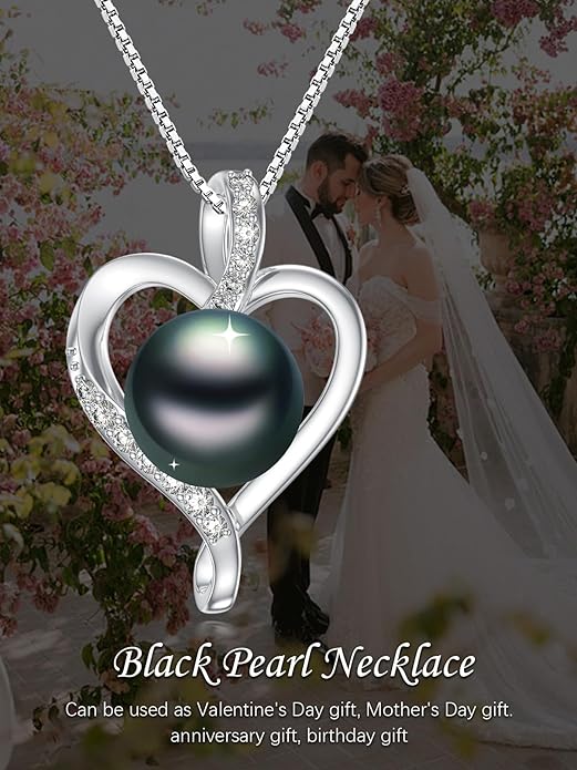 Tahitian Black Pearl 18K White Gold Plated Sterling Silver Heart/Infinity/Four Leaf Clover Pendant Necklace Jewelry Gifts for Women Wife Mom Girlfriend Wedding Birthday Anniversary Christmas