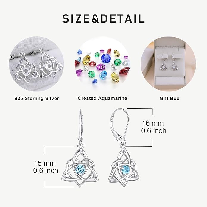 Starchenie Celtic Knot Dangle Earrings Sterling Silver Trinity Love Knot Leverback Earrings Gemstones Jewelry for Women
