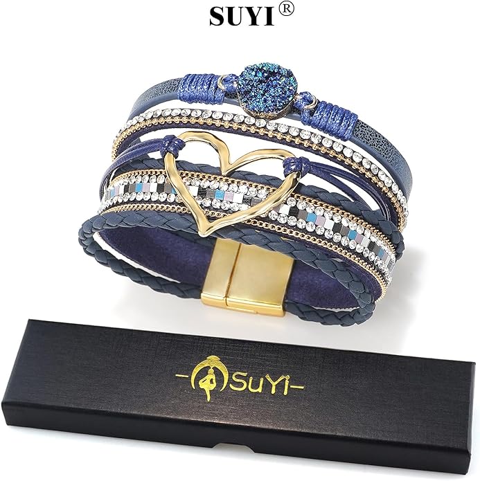 Suyi Multilayer Leather Wrap Bracelet Heart-Shape Wide Cuff Bracelets for Women