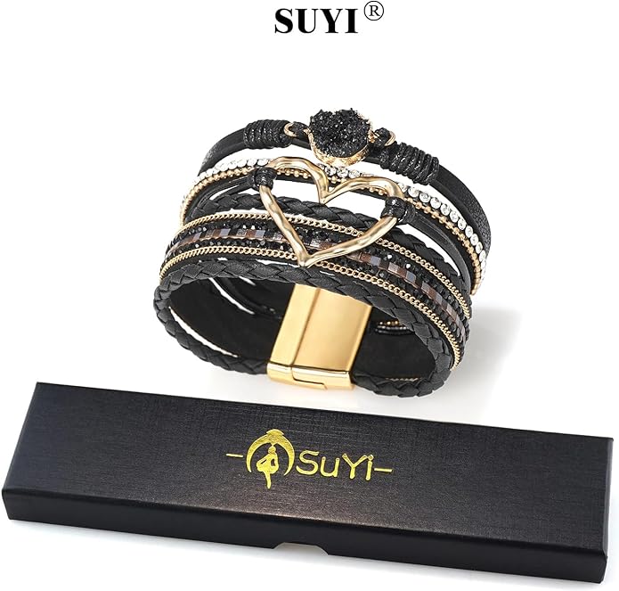 Suyi Multilayer Leather Wrap Bracelet Heart-Shape Wide Cuff Bracelets for Women