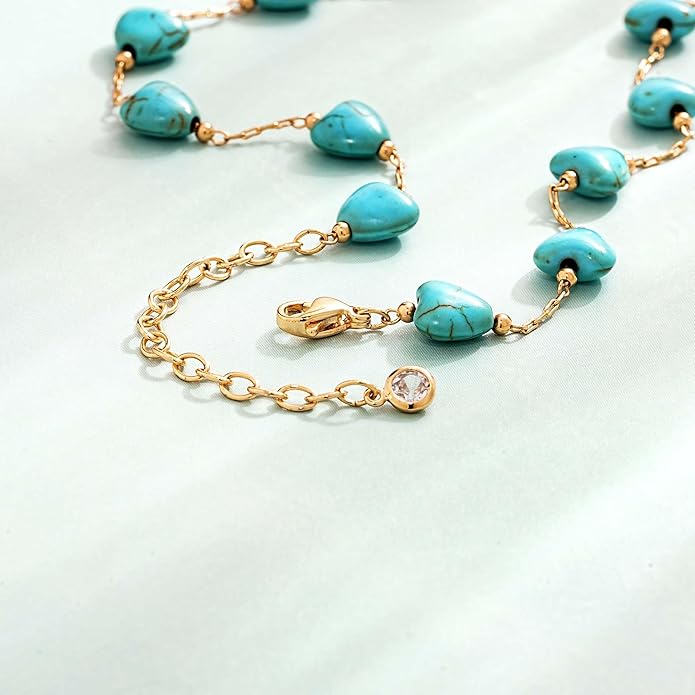 Created Turquoise Necklace for Women 14K Gold Plated Beaded Heart Choker Boho Necklaces Handmade Beach Summer Everyday Western Jewelry Gifts