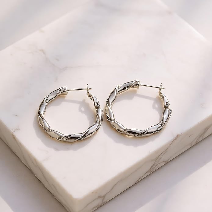 14k Gold Plated Hoop Earrings for Women, 925 Sterling Silver Posts Thick Twist Hypoallergenic Chunky Large Earrings 20mm 30mm 40mm 50mm