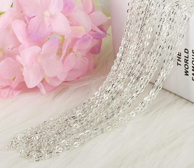 Wholesale 12 PCS Silver Plated Solid Brass Fine Flat Cable Chains Bulk for Jewelry Making 18-30 inches (24 Inch(2MM))