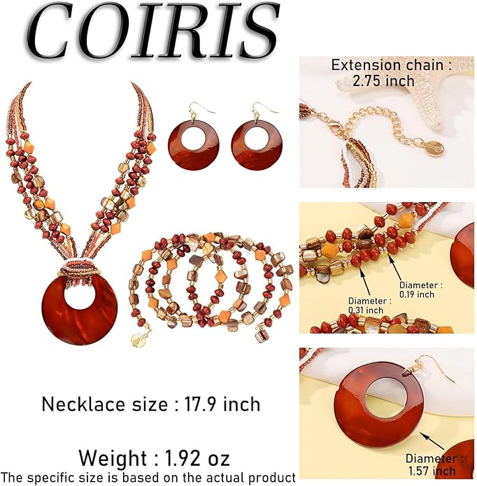 Jewelry Sets for Women 4 Pcs Chunky Beaded Mrs Roper Costume Jewelry for Women Boho Multi Strand Colorful Shell Necklace for Women