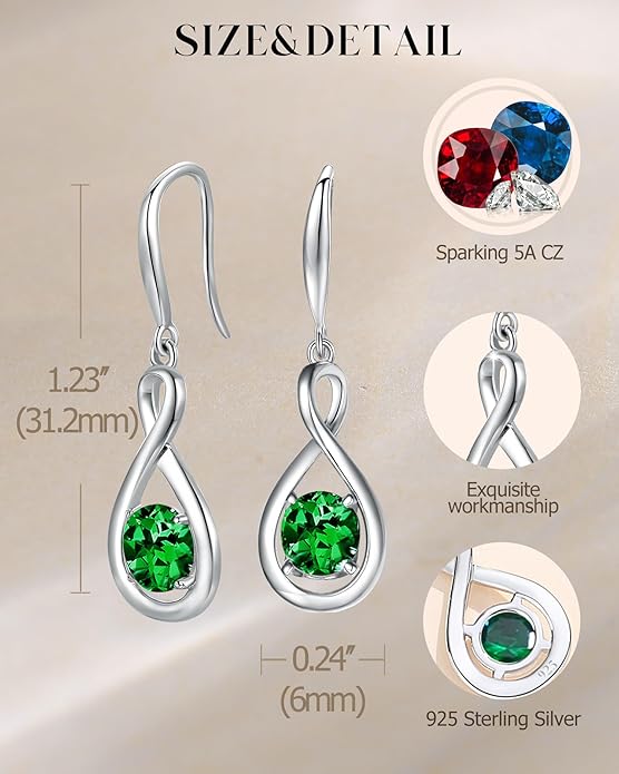FANCIME Valentines Day Gift Dangle Drop Earrings 925 Sterling Silver Dainty Infinity Round Gemstone Birthstone Jewelry Birthday Gifts for Her Women